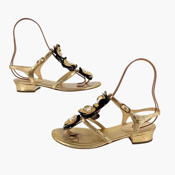 Chanel Camellia Pearl T-Strap Sandals Gold Leather Size 37C US 6–6.5 Women Flat - Picture 8 of 15